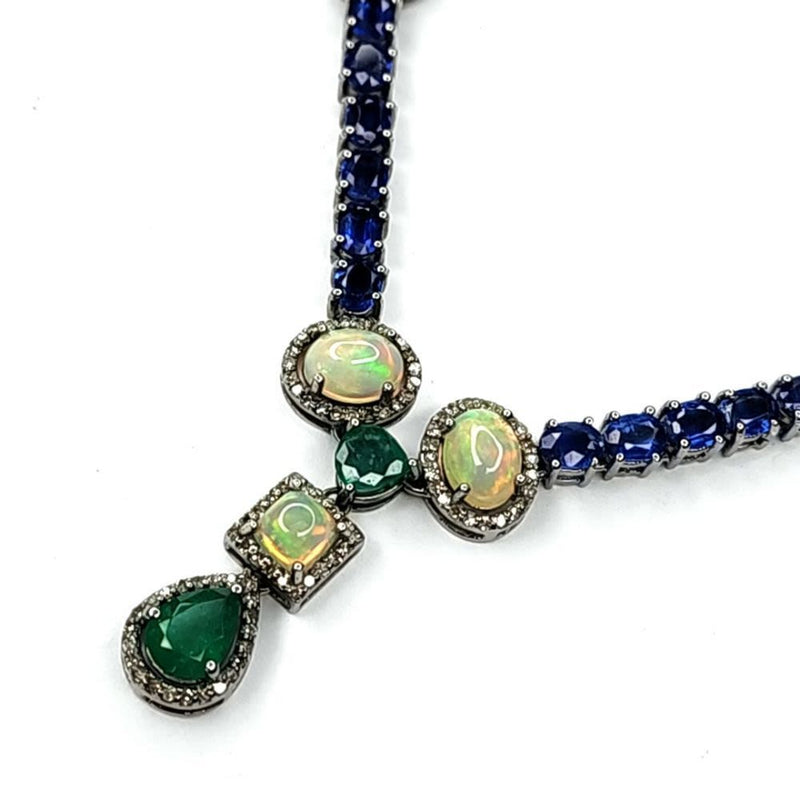 Kyanite, Opal, Emerald, Diamond Lavalier Necklace