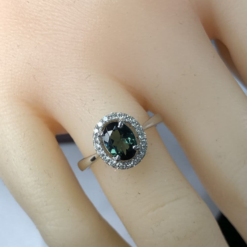 Teal Tourmaline and Diamond Halo Ring