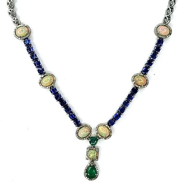 Kyanite, Opal, Emerald, Diamond Lavalier Necklace