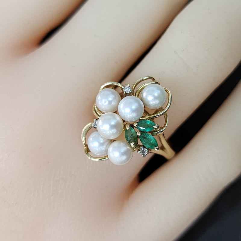 Vintage Pearl, Emerald, & Diamond Ring Circa 1980