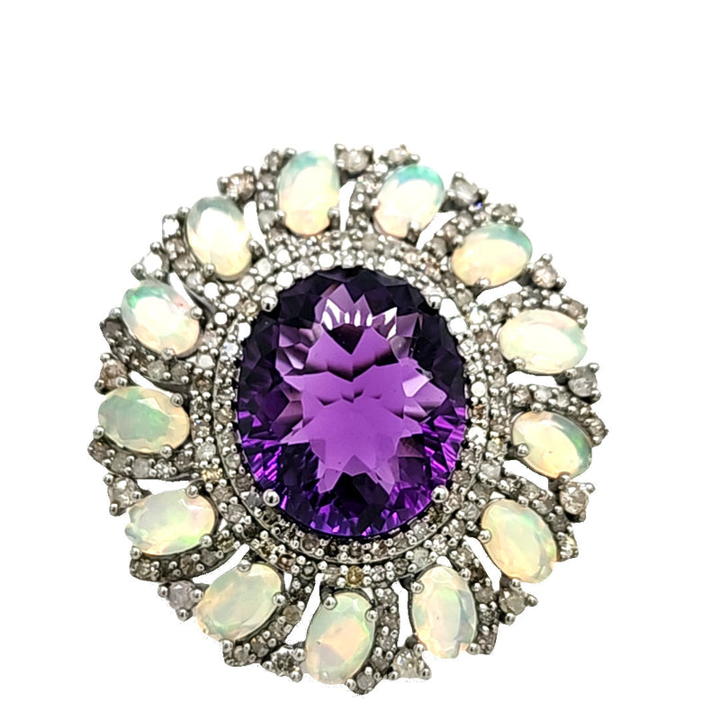 Amethyst Ring with Opal and Diamond-Framed Border