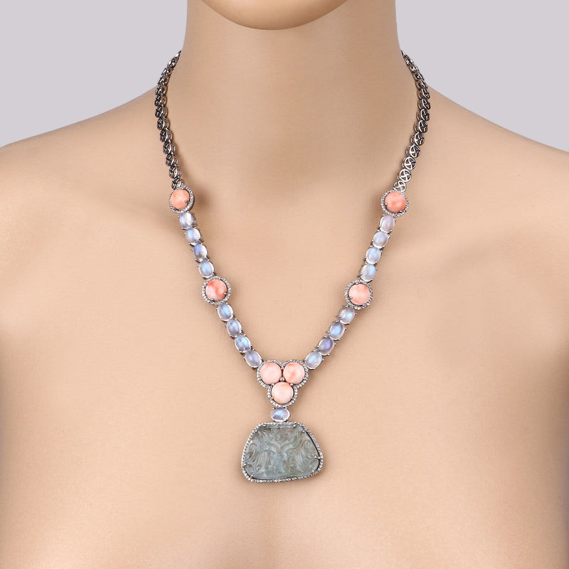 Coral, Moonstone & Blue Topaz Necklace Earring SET