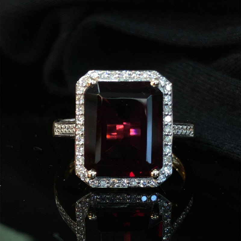 Octagonal-Cut Rhodolite Garnet & Diamond Halo Ring