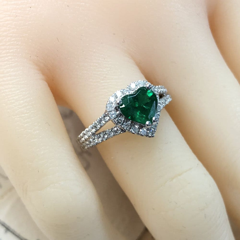 Heart-Cut Emerald and Diamond Halo Ring