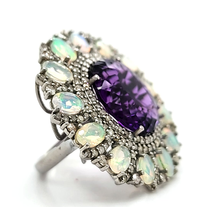 Amethyst Ring with Opal and Diamond-Framed Border