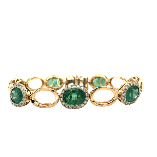 Emerald and Diamond Halo Elliptical Link Bracelet