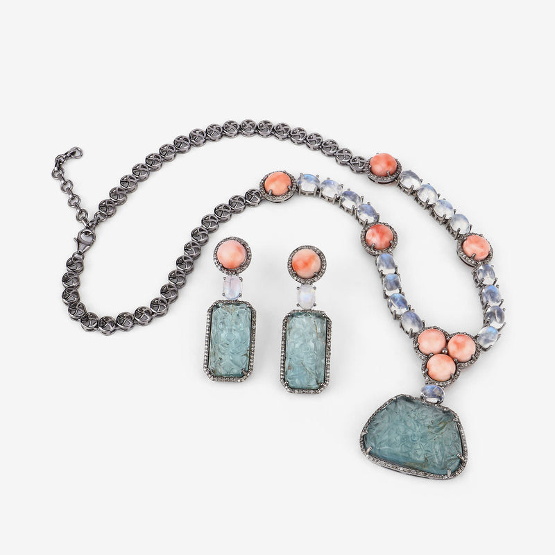 Coral, Moonstone & Blue Topaz Necklace Earring SET