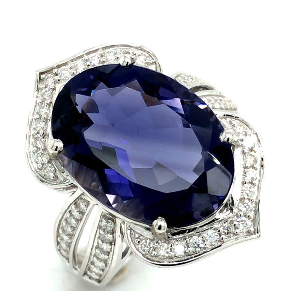 Rare-Sized Iolite in an Ornate Diamond Halo Ring