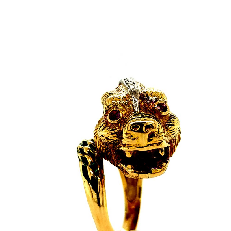 18K Yellow Gold Ruby, Diamond & Enamel Dragon Ring