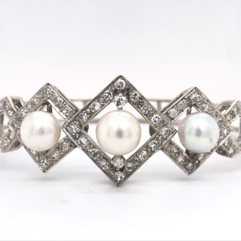 White Gold Pearl and Diamond Bangle Bracelet