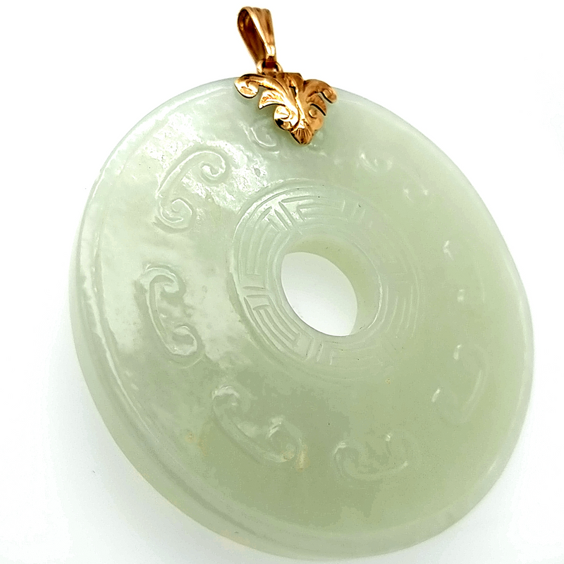 14K Carved Large Jade Disc Pendant