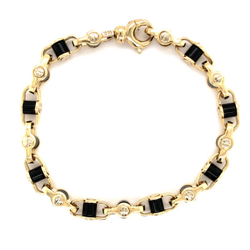Fancy Link Bracelet Onyx and Yellow Gold